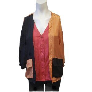 Vintage Feeling Fame small oversized dolman 3 4 sleeve block v neck silk shirt